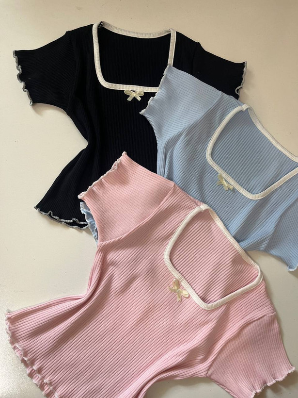 کراپ تاپ کرکره ای پنبه یقه مربعی | فری سایز ۳۶تا۴۲ /کد ۶۶۸